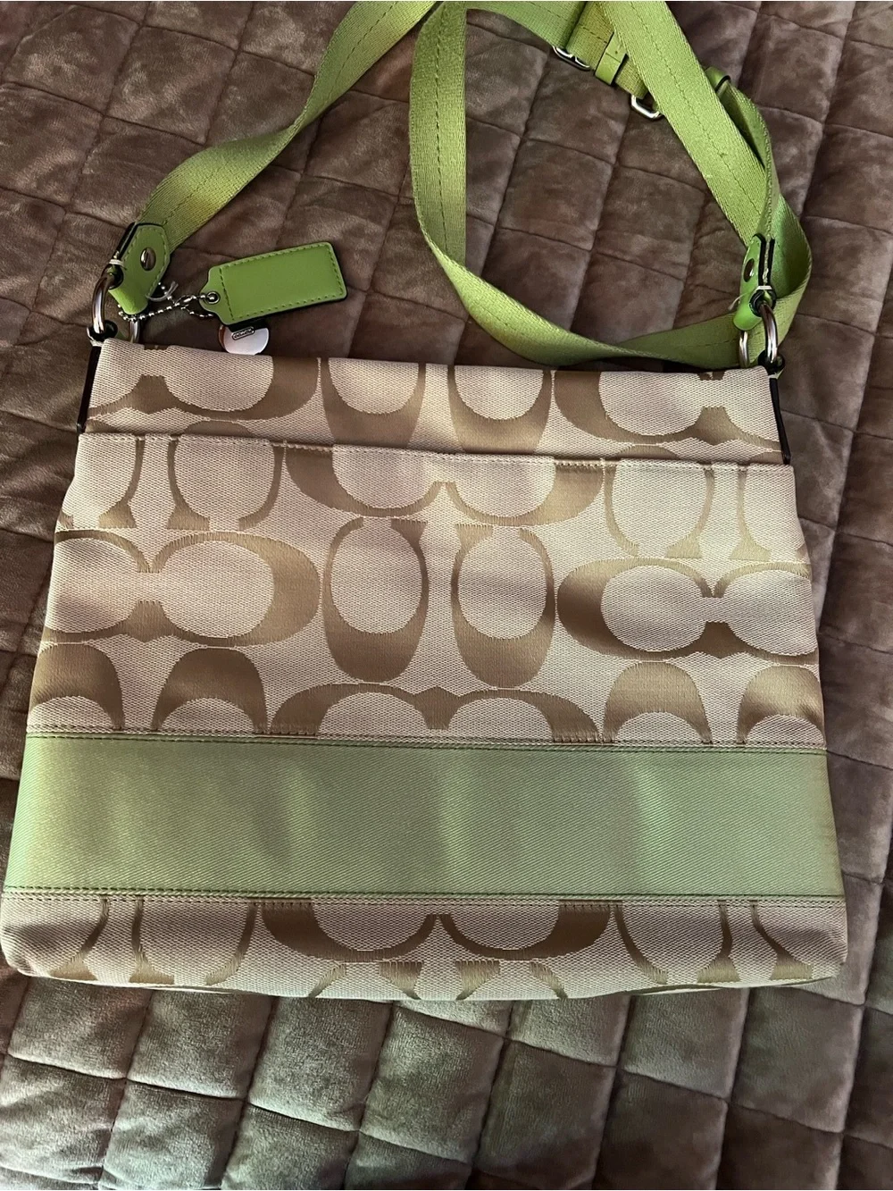 Coach Khaki Signature Crossbody with Lime Trim